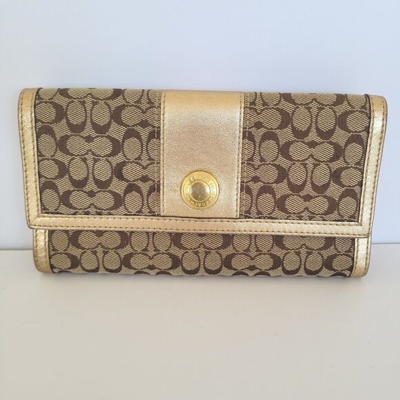 Coach Signature Clutch Wallet Large Logo Canvas Leather Gold Khaki Trifold - Picture 1 of 8